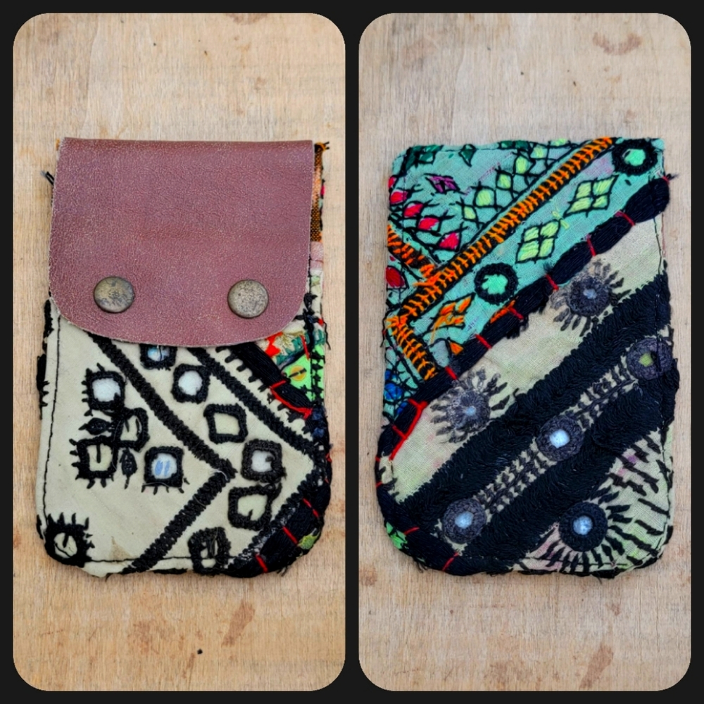 🧠🍳 Free People Boho Embroidered Repurposed vtg banjara hippie Wallet card case